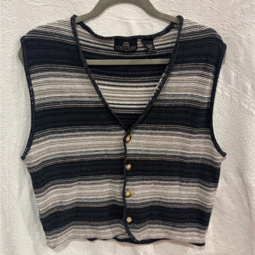 Vintage Structure Black and Gray Striped Button-Up Vest T21